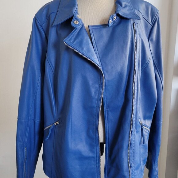 Women's "Twiggy London" 100% Genuine Leather Medium Blue Moto Jacket (Size: 1X) - Picture 2 of 14